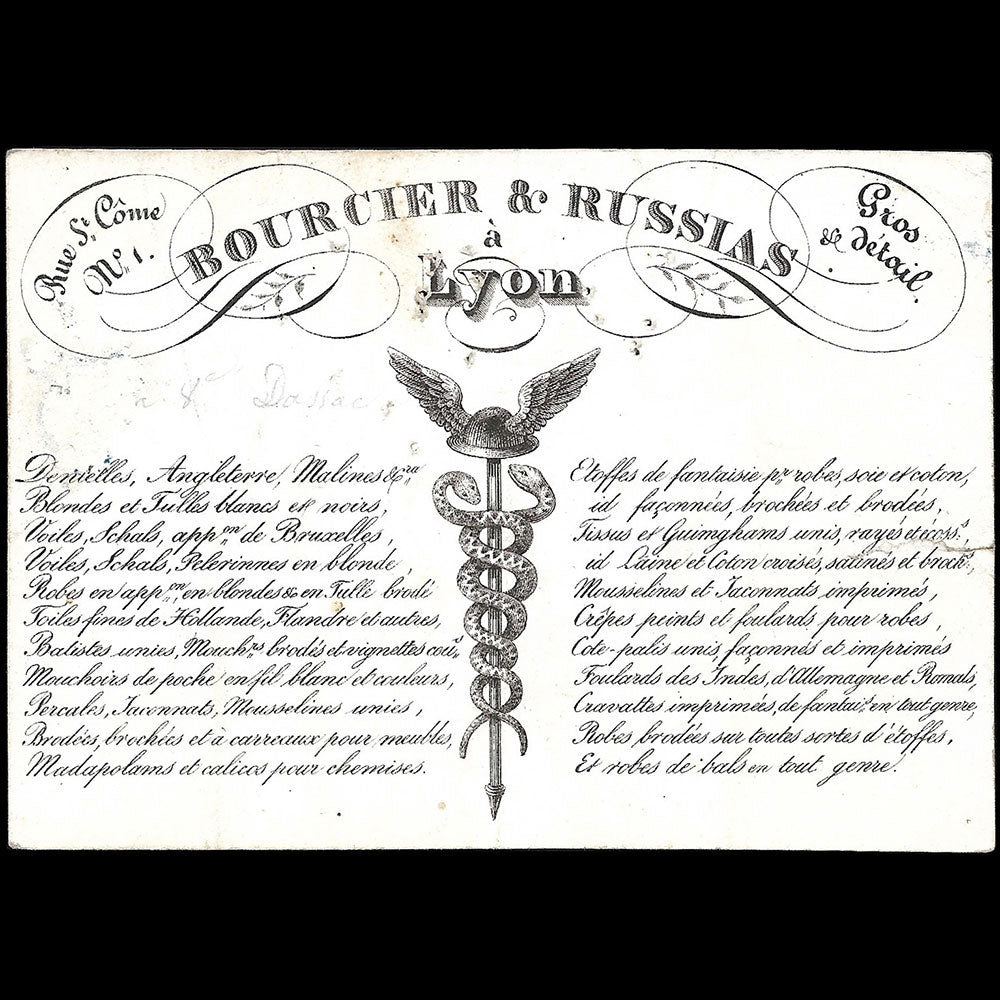Bourcier & Russias - Carte de la maison de soierie et de nouveautés, 1 rue Saint Côme à Lyon (1820s)
