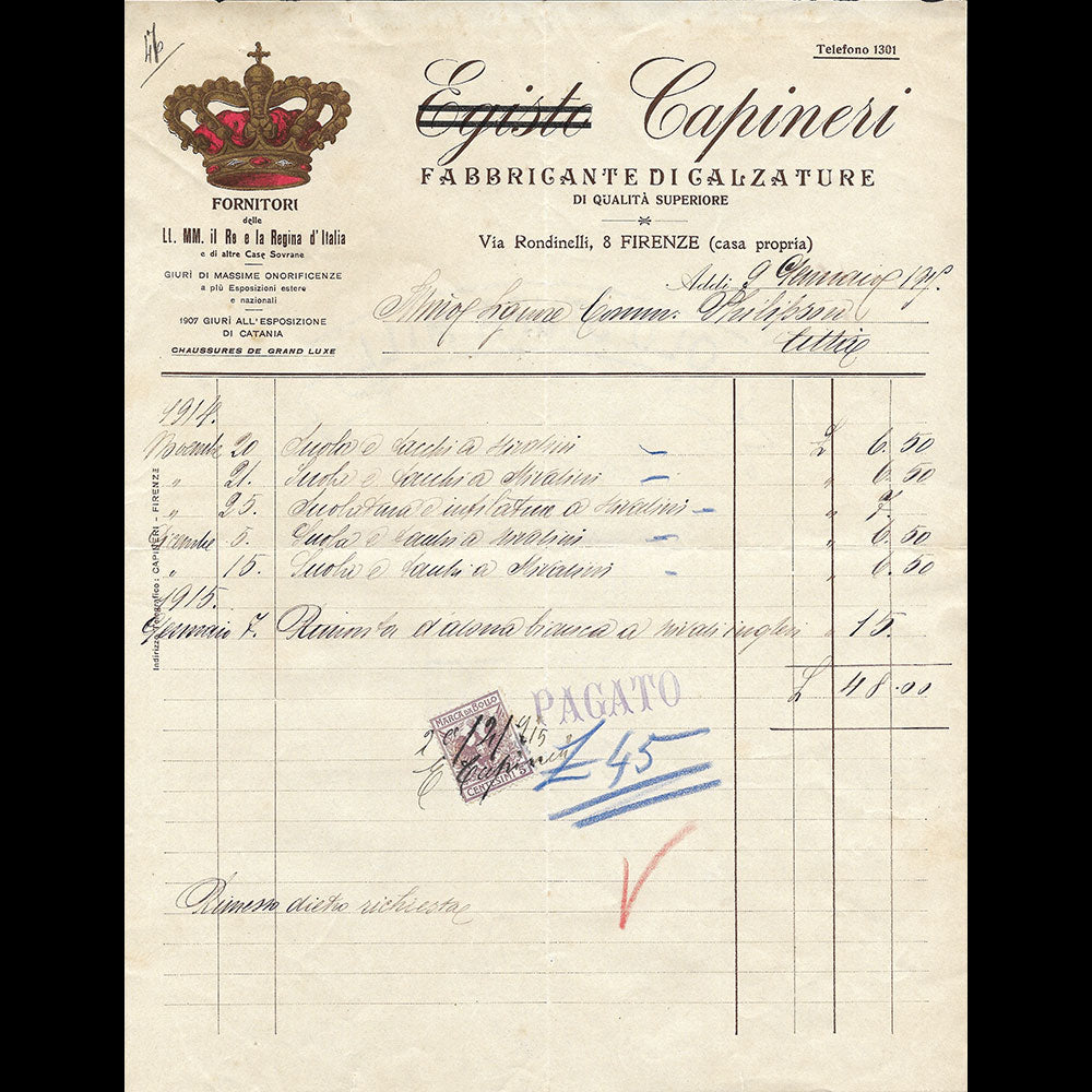 Capineri - Facture de la maison de chapeaux, Via Rondinelli, Firenze (1915)