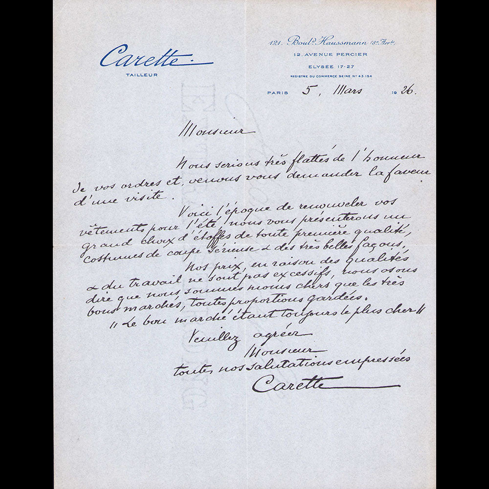 Carette - Invitation du tailleur, 121 boulevard Haussmann à Paris (1926)