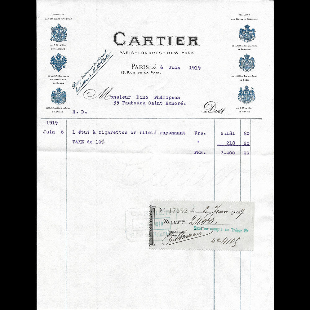 Cartier - Facture de la maison de joaillerie, 13 rue de la Paix à Paris (1919)