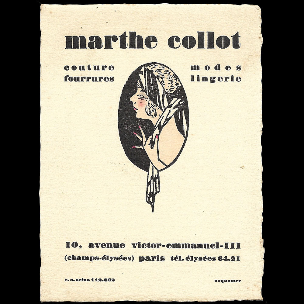 Marthe Collot - Carte de la maison de chapeaux, 10 avenue Victor Emmanuel III à Paris (1925)