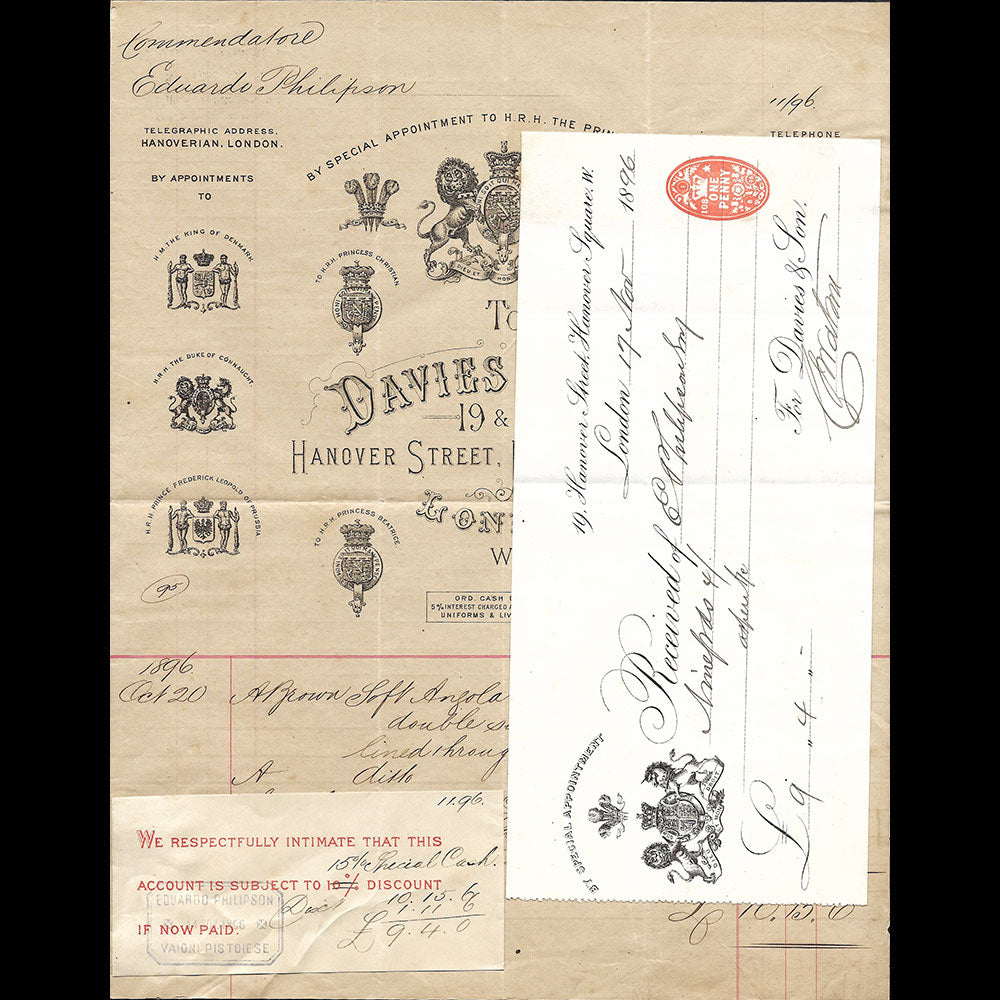 Davies & Sons - Facture du tailleur, 19-20 Hanover Street, London (1896)
