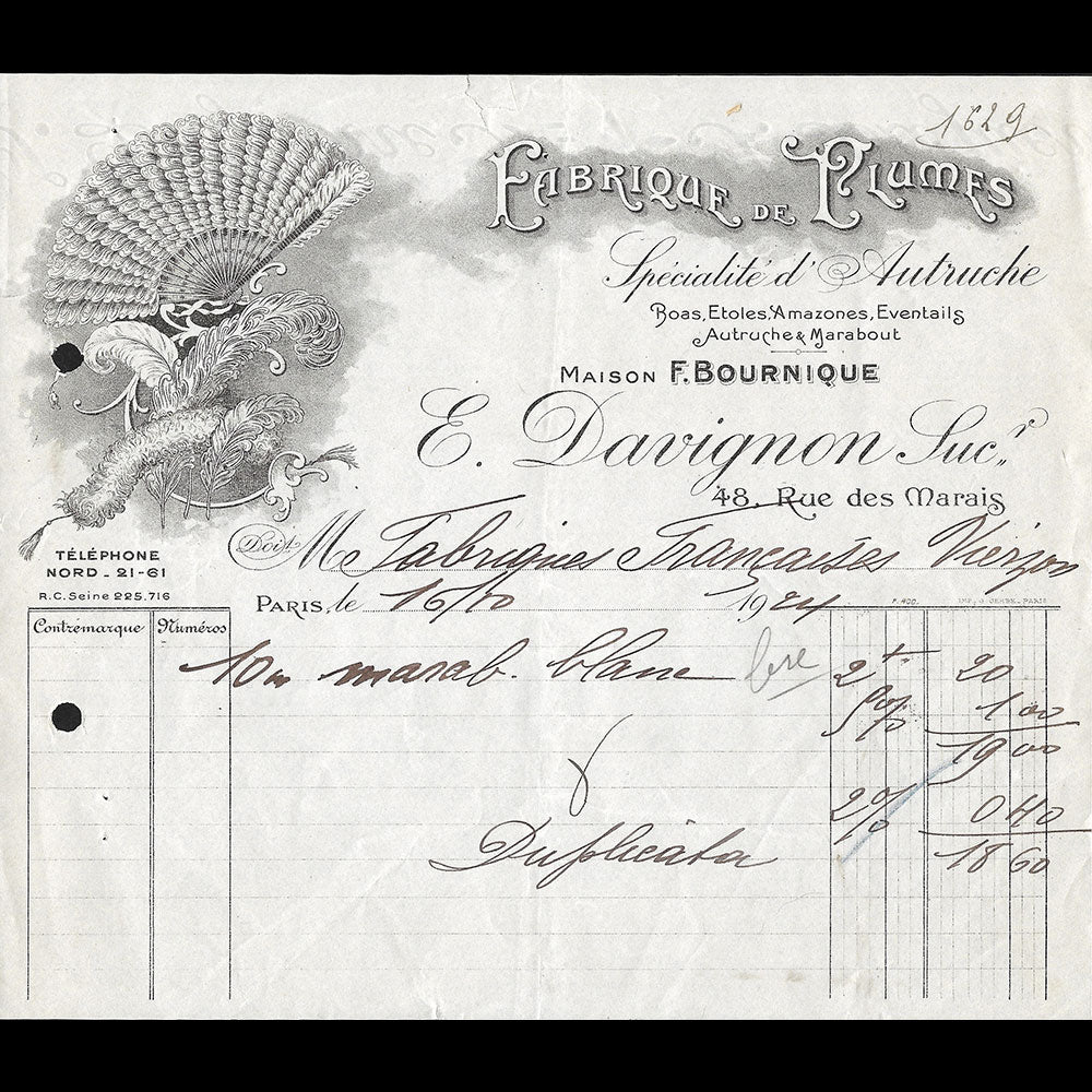Maison Bournique - Facture de la maison de plumes, 48 rue des Marais Paris (1924)
