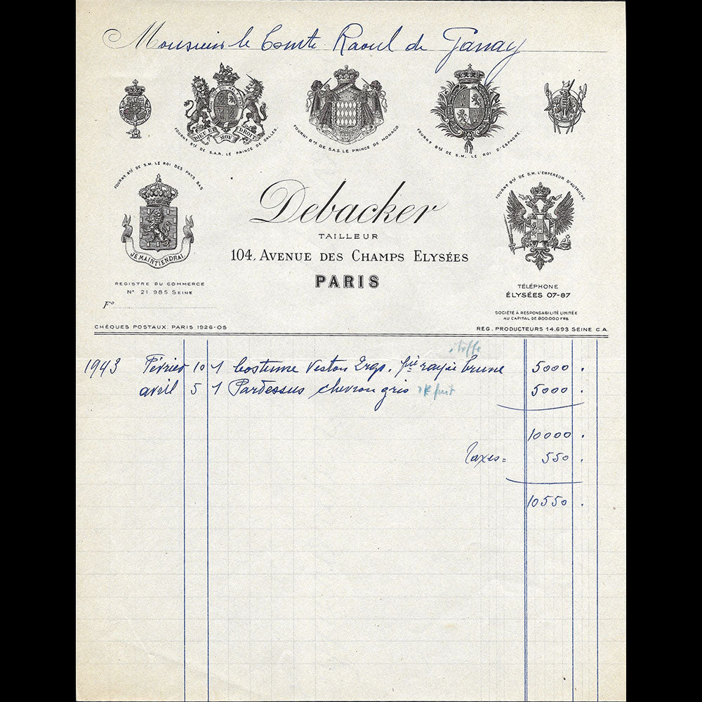 Debacker - Facture du tailleur, 104 avenue des Champs-Elysées à Paris (1943)