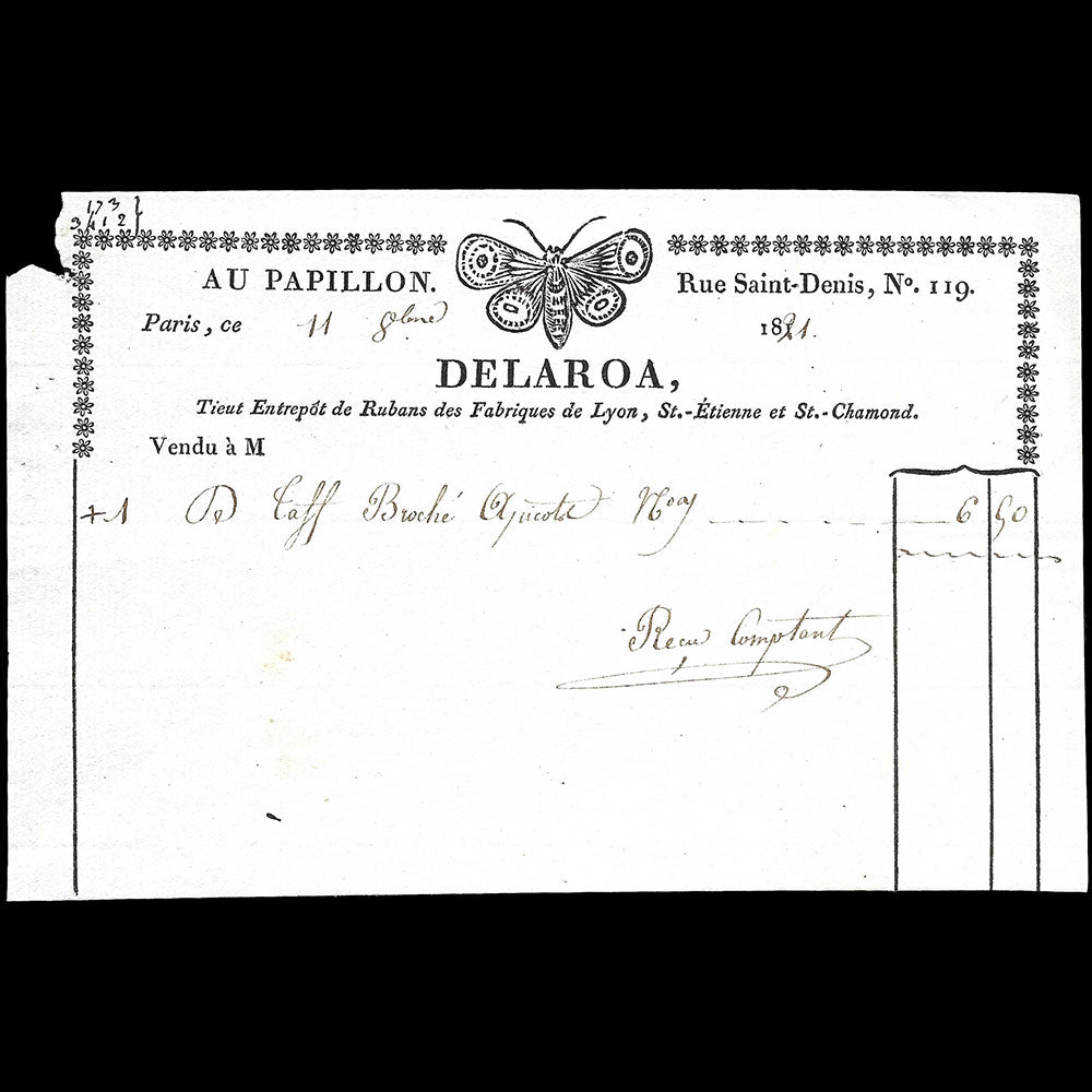Delaroa - Facture du magasin de rubans Au Papillon, 119 rue Saint-Denis à Paris (1821)