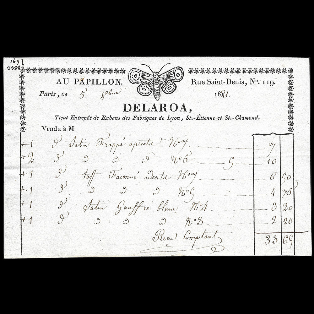 Delaroa - Facture du magasin de rubans Au Papillon, 119 rue Saint-Denis à Paris (1821)