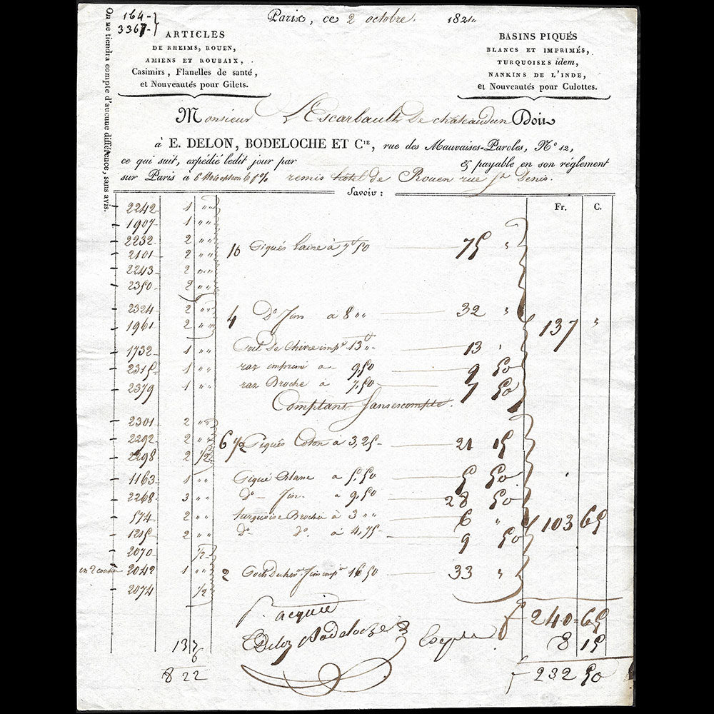 E. Delon, Bodeloche et Cie - Facture du magasin de tissus, 12 rue des Mauvaises Paroles à Paris (1821)