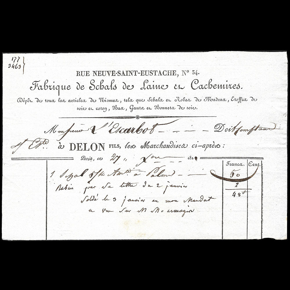 Delon Fils - Facture du magasin de tissus, 34 rue Neuve Saint-Eustache à Paris (1821)