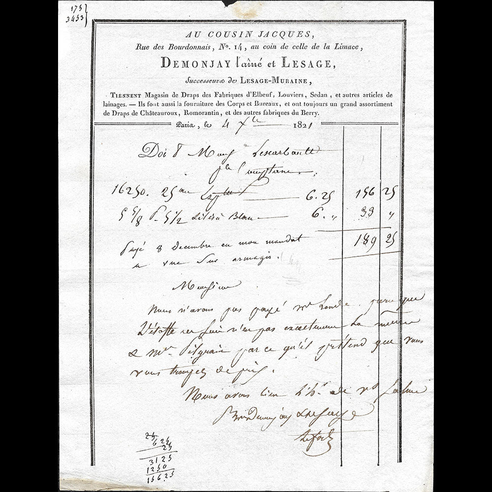 Demonjay l'aîné et Lesage - Facture du magasin de tissus, Au Cousin Jacques, 14 rue des Bourdonnais à Paris (1821)