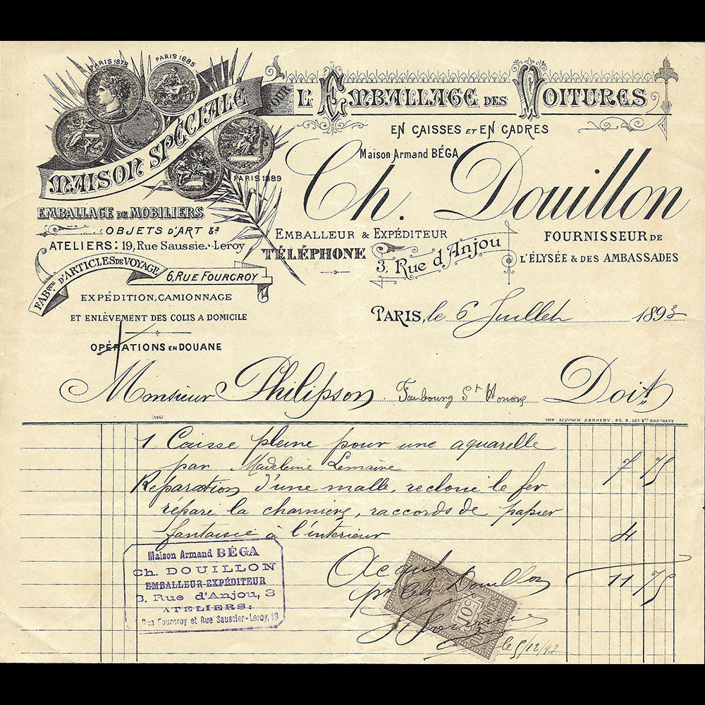 Ch. Douillon - Facture de l'emballeur expéditeur, 3 rue d'Anjou à Paris (1893)