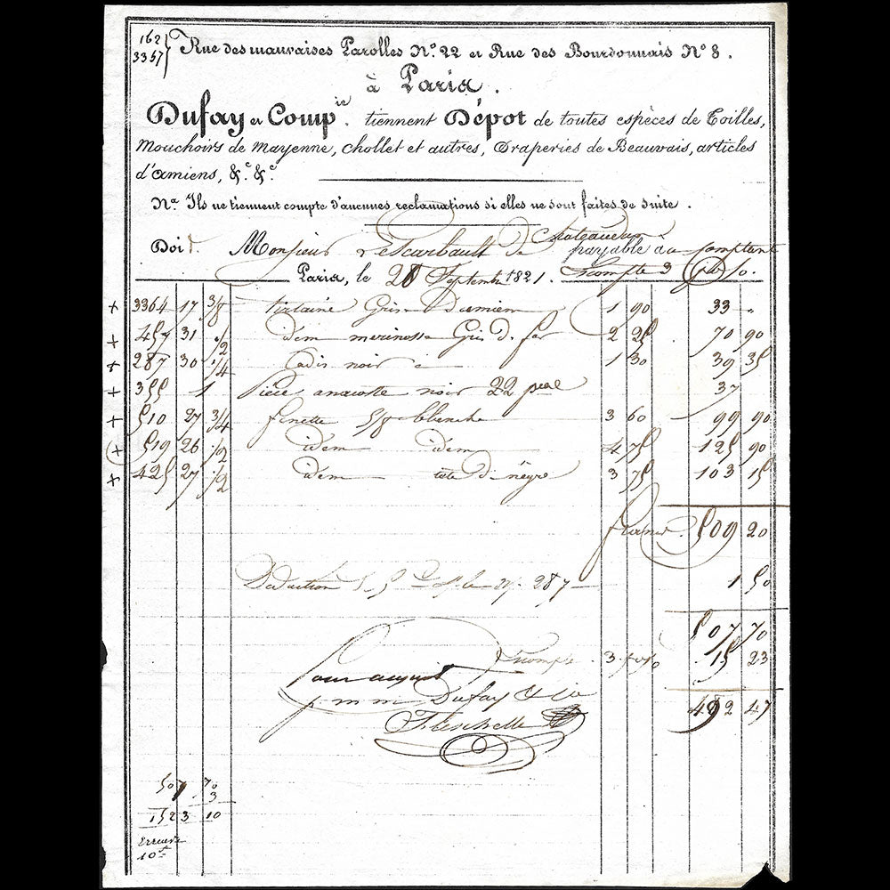 Dufay et Cie - Facture du magasin de tissus, 22 rue des Mauvaises Paroles et 8 rue des Bourdonnais à Paris (1821)