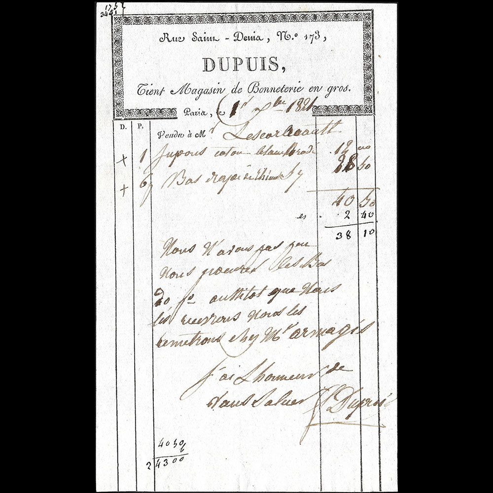 Dupuis - Facture du magasin de bonneterie, 173 rue Saint-Denis à Paris (1821)