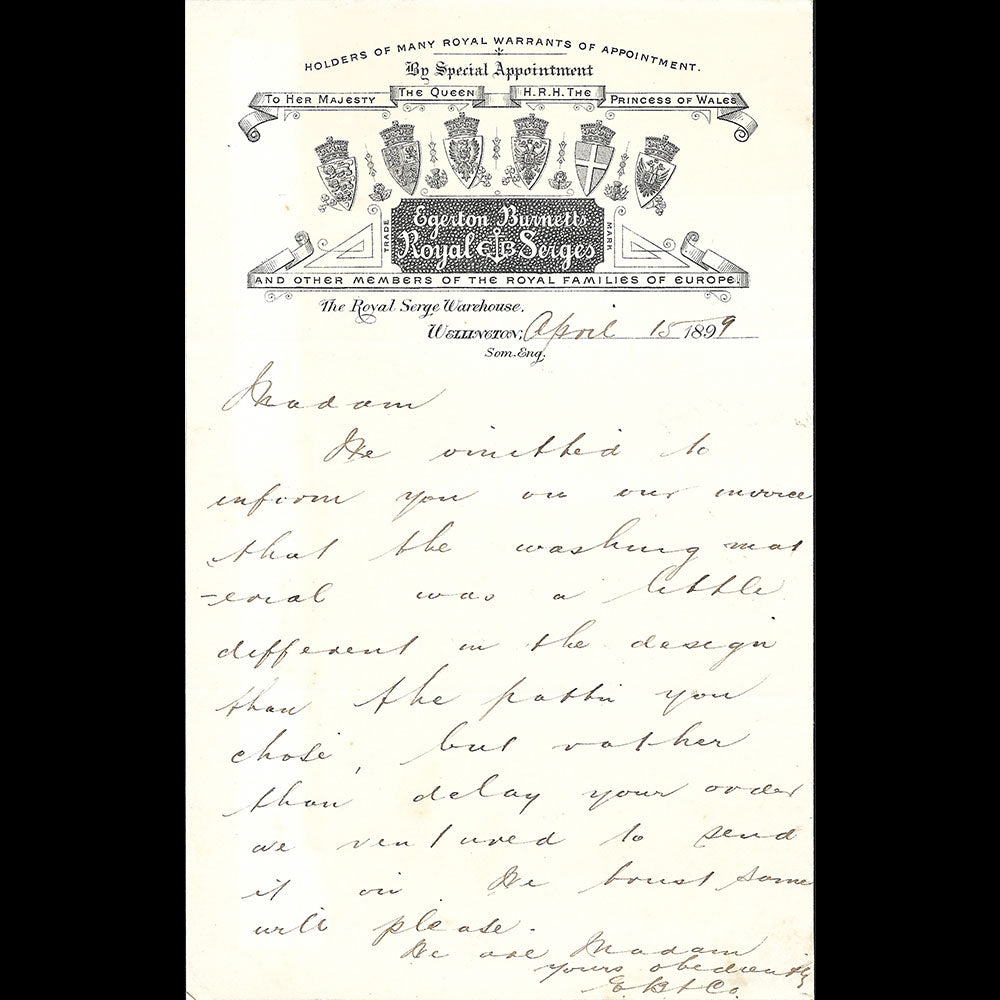 Egerton Burnett - Facture de la maison The Royal Serge Warehouse, Wellington (1899)