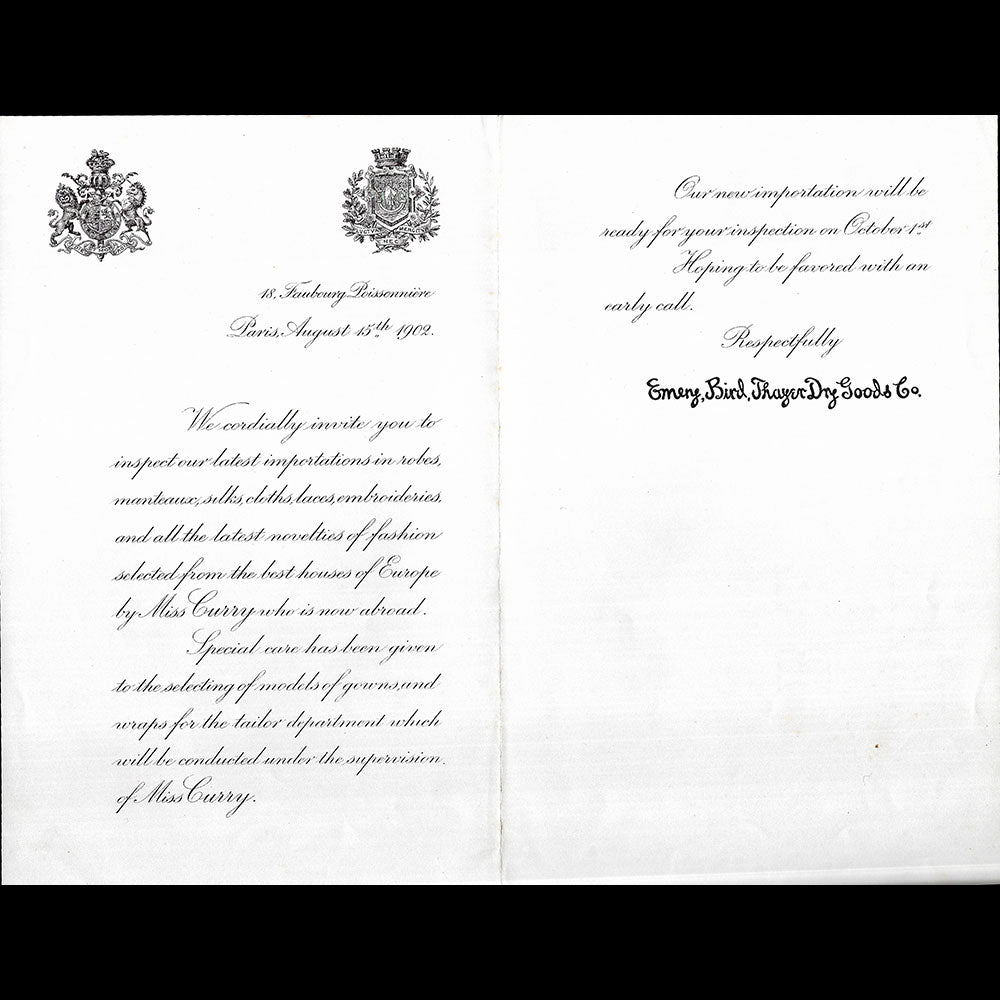Emery, Bird, Thayer & Company - Lettre annonçant la sélection de modèles de Paris (1902)