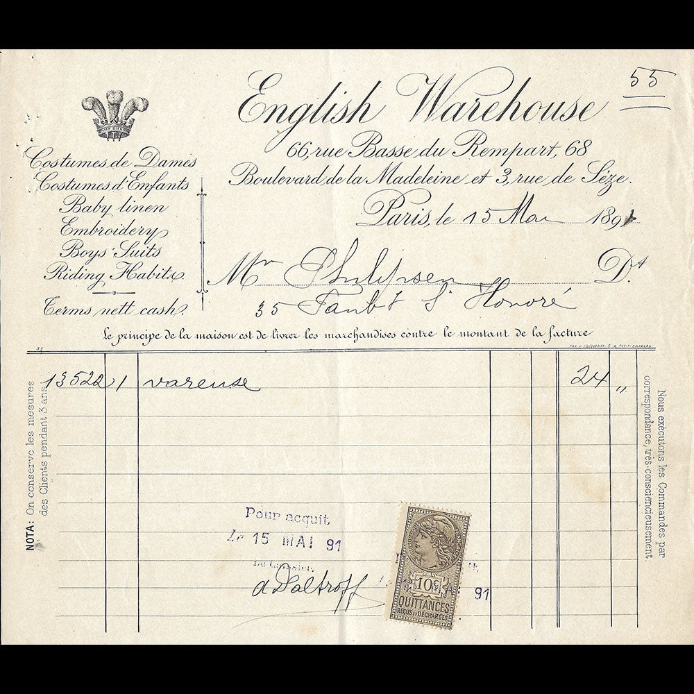 English Warehouse - Facture de la maison 66 rue Basse du Rempart à Paris (1894)