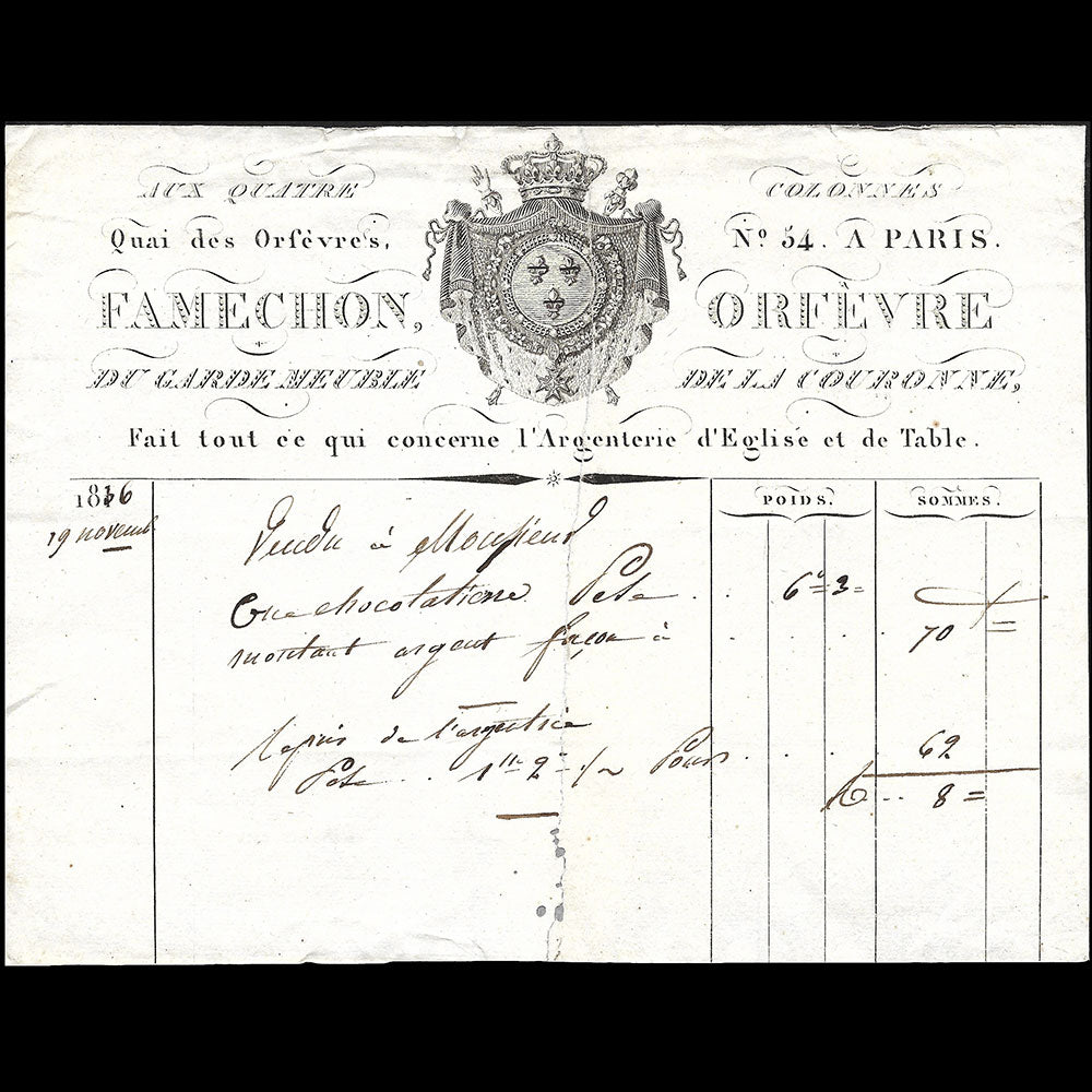 Framechon - Facture de l'orfèvre du garde meuble de la couronne, 54 Quai des Orfèvres à Paris (1836)