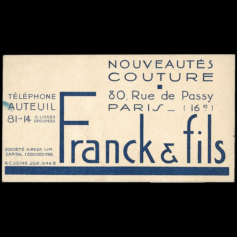 Franck & Fils - Carte du magasin, 80 rue de Passy à Paris (1930s)