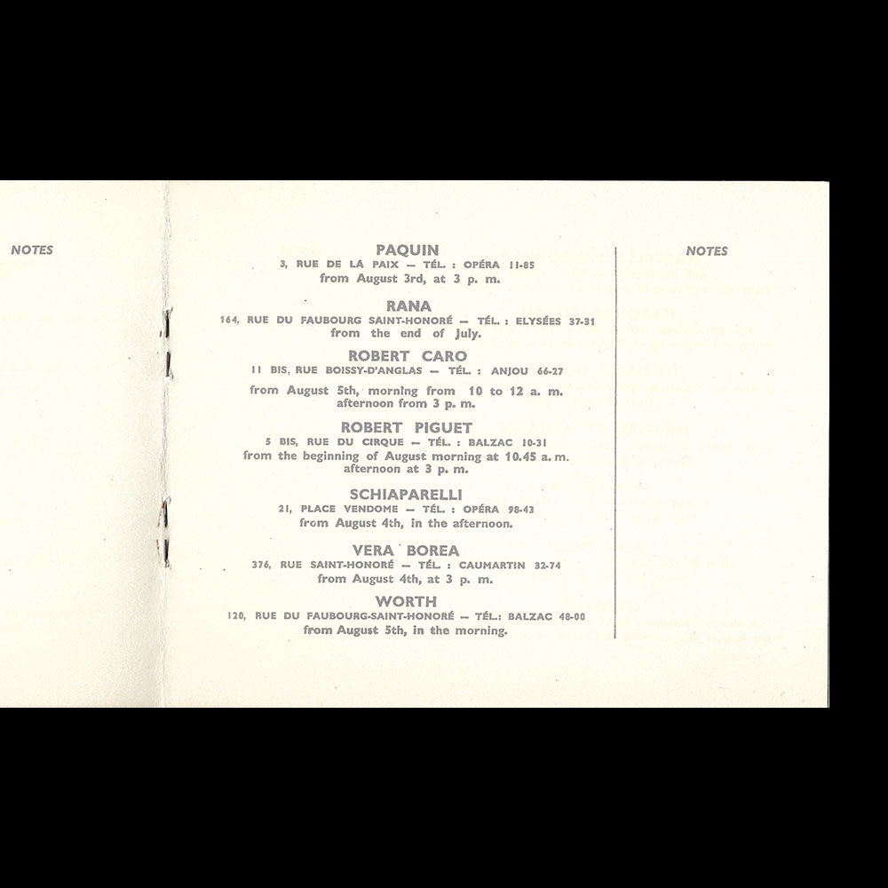 French Line - Parisian Couture Models, Dates for collection showings (1930s)