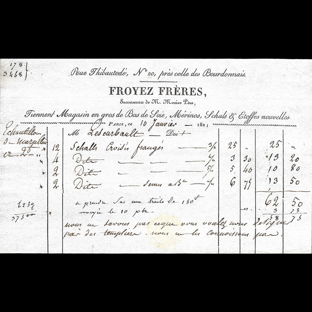 Froyez Frères - Facture du magasin de Bas de soie, Mérinos, Schalls & Etoffes nouvelles, 20 rue Thibautodé à Paris (1821)
