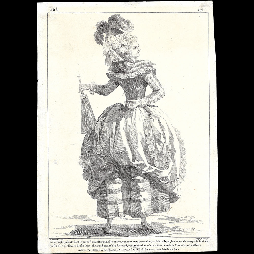 Gallerie des Modes et Costumes Français, 1778-1787, gravure n° bbb 293, La Nymphe galante (1785)