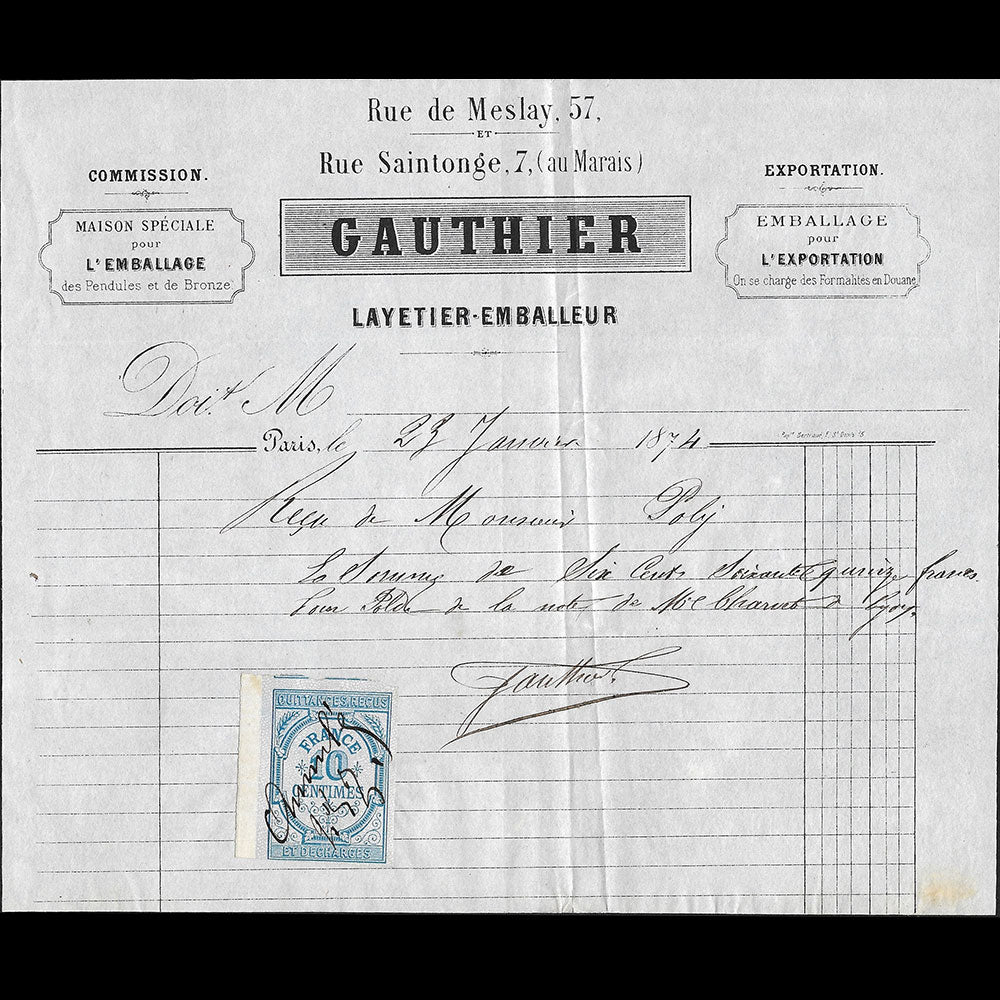 Gauthier - Facture du layetier - emballeur, 57 rue Meslay à Paris (1874)
