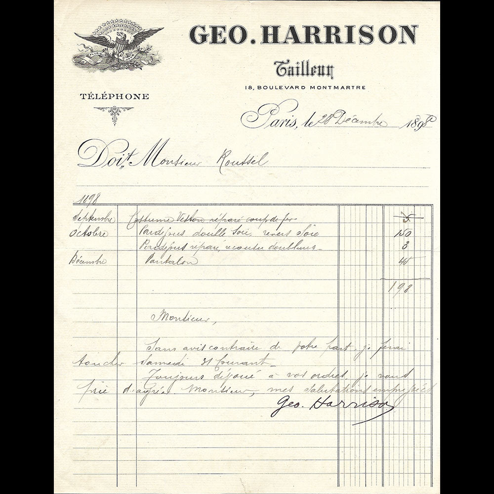 Géo Harrison - Facture du tailleur, 18 boulevard Montmartre à Paris (1898)