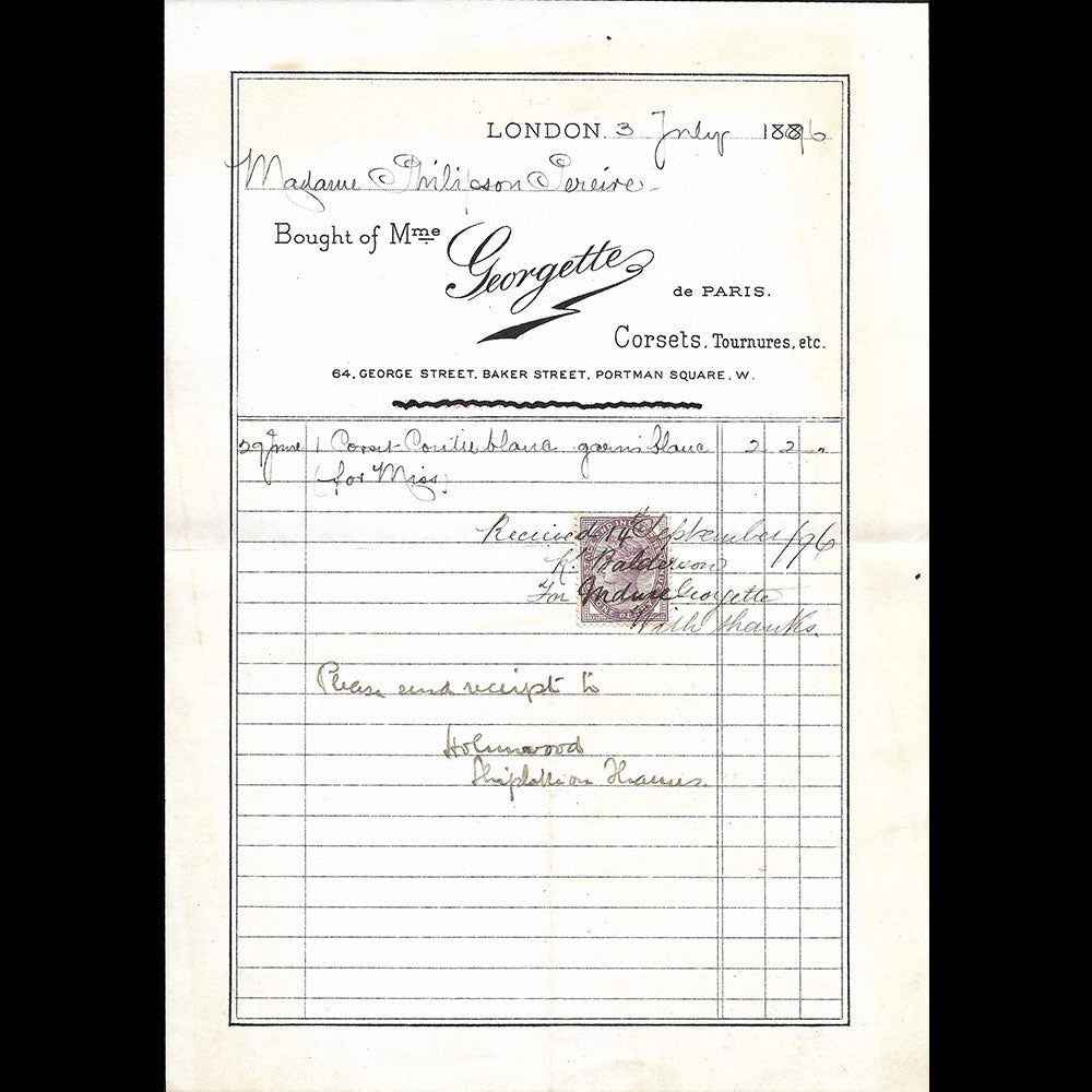 Mme Georgette de Paris - Facture de la maison de lingerie, 64 George Street, London (1896)