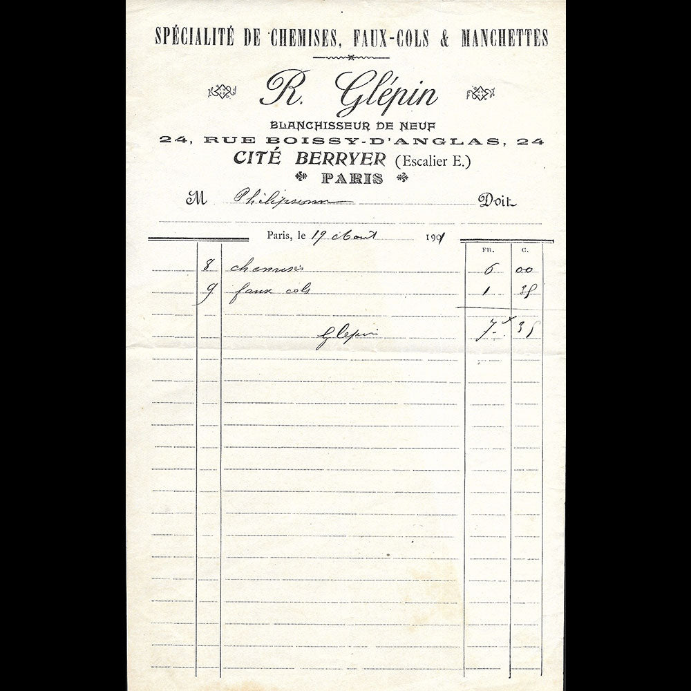 R. Glépin - Facture du blanchisseur, 24 rue Boissy d'Anglas à Paris (1901)
