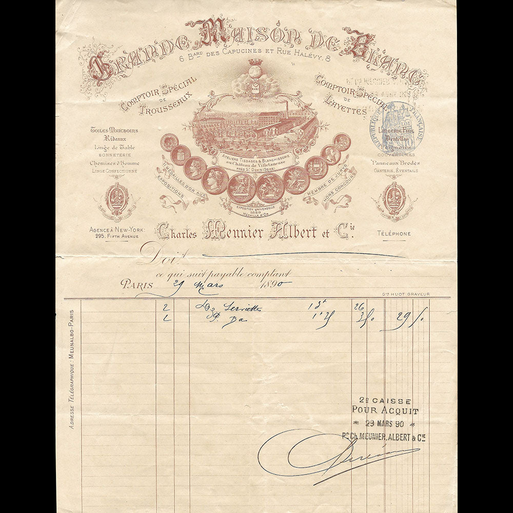 Grande Maison de Blanc - Facture du magasin, 6 boulevard des Capucines à Paris (1890)