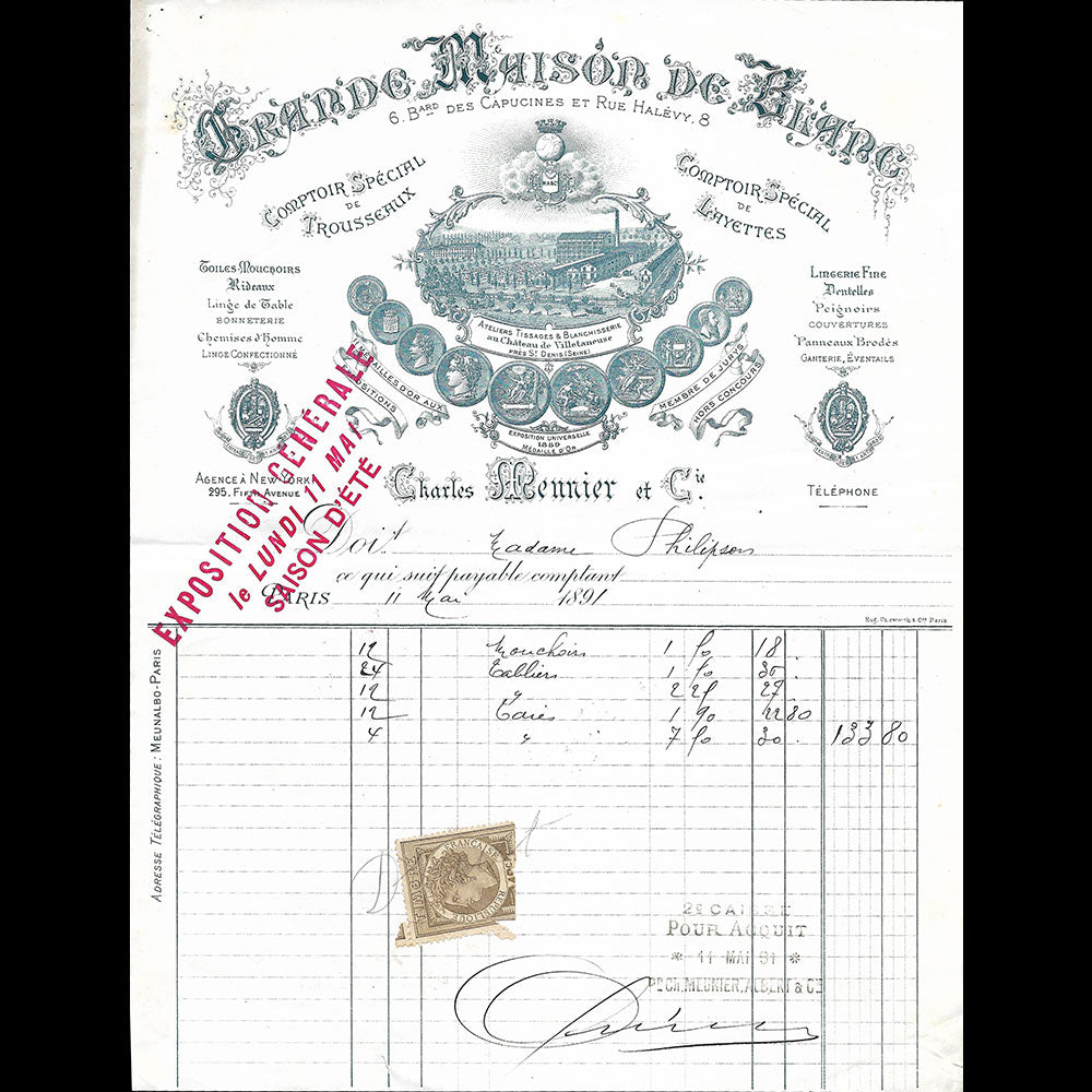 Grande Maison de Blanc - Facture du magasin, 6 boulevard des Capucines à Paris (1891)