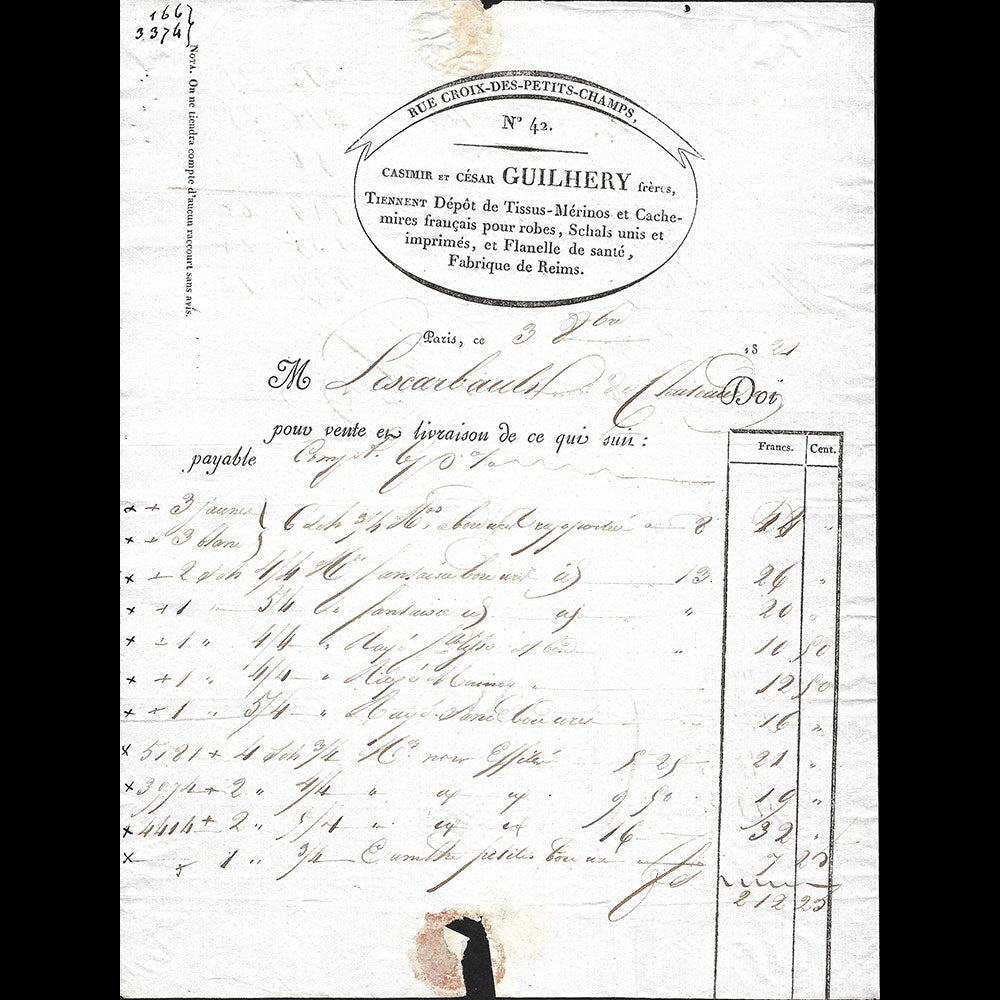 Casimir et César Guilhery - Facture du magasin de tissus, 42 rue Croix des Petits-Champs à Paris (1821)