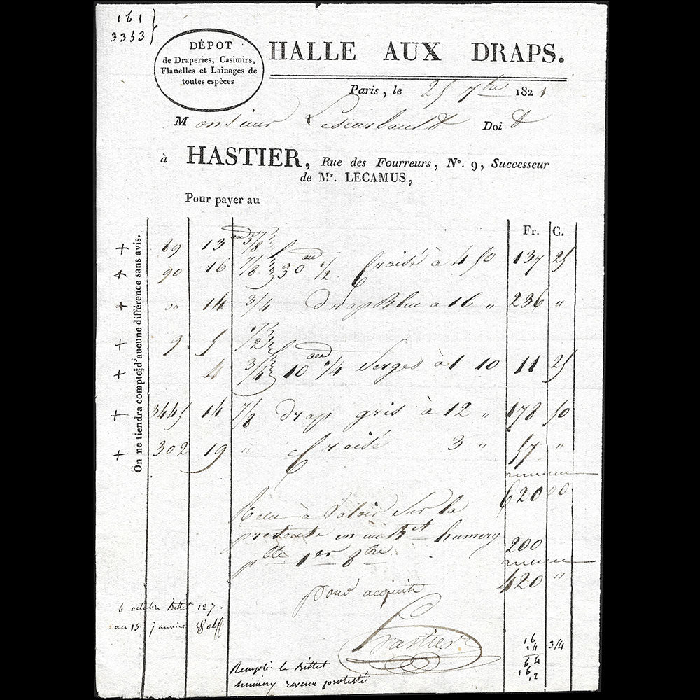 Hastier - Facture de la Halle aux Draps, 9 rue des Fourreurs à Paris (1821)