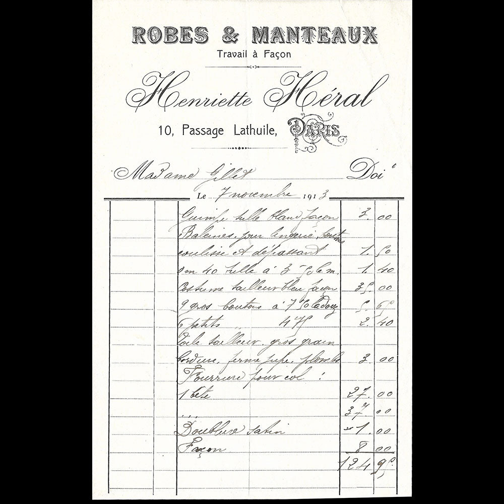 Henriette Héral - Facture de la maison de couture, 10 Passage Lathuile à Paris (1913)
