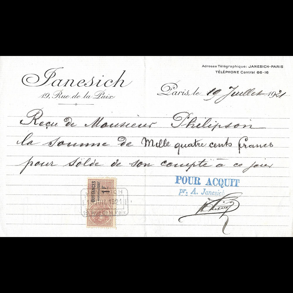 Janesich - Reçu de la maison de joaillerie, 19 rue de la Paix à Paris (1921)