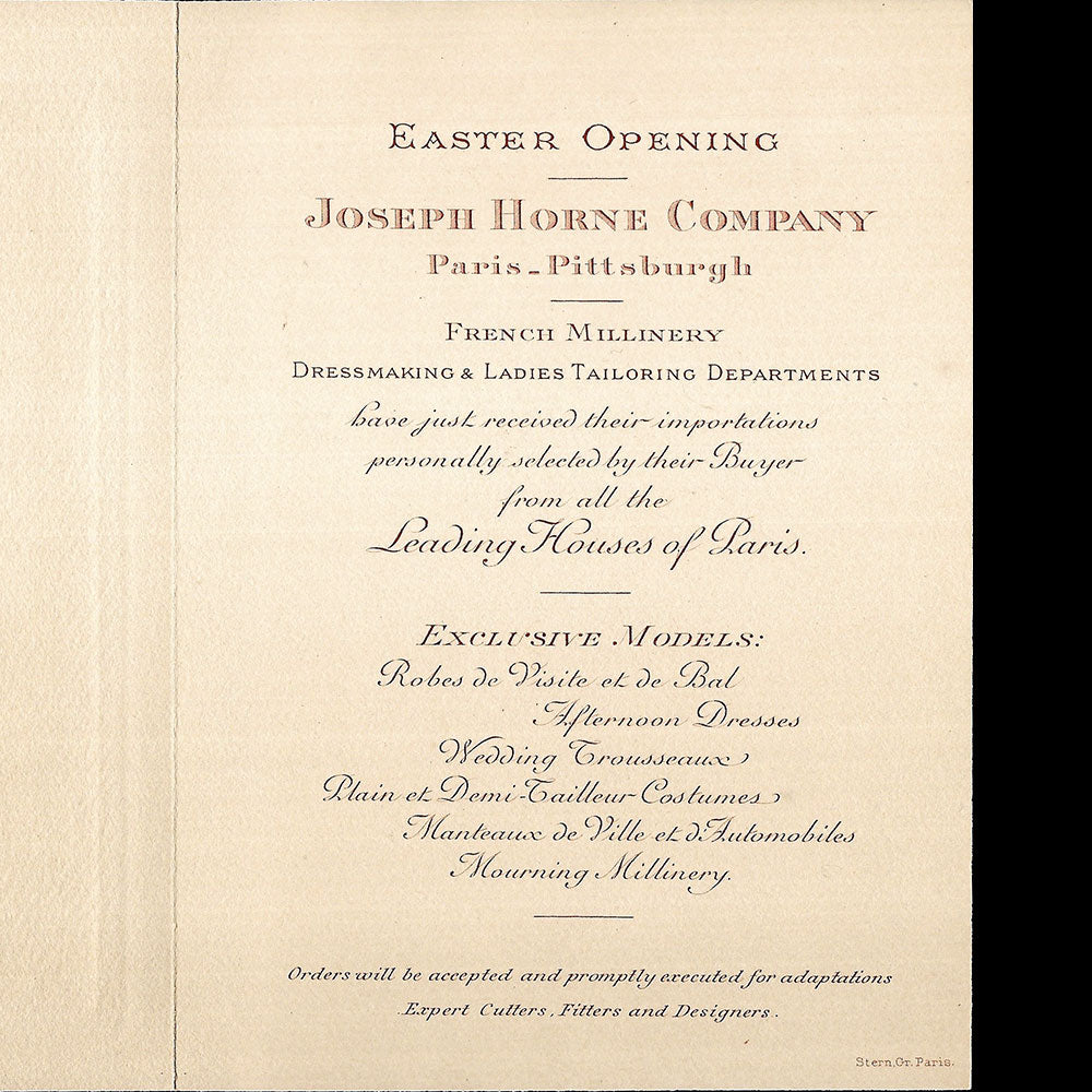 Joseph Horne Company - Invitation annonçant la sélection de modèles de Paris (circa 1910)