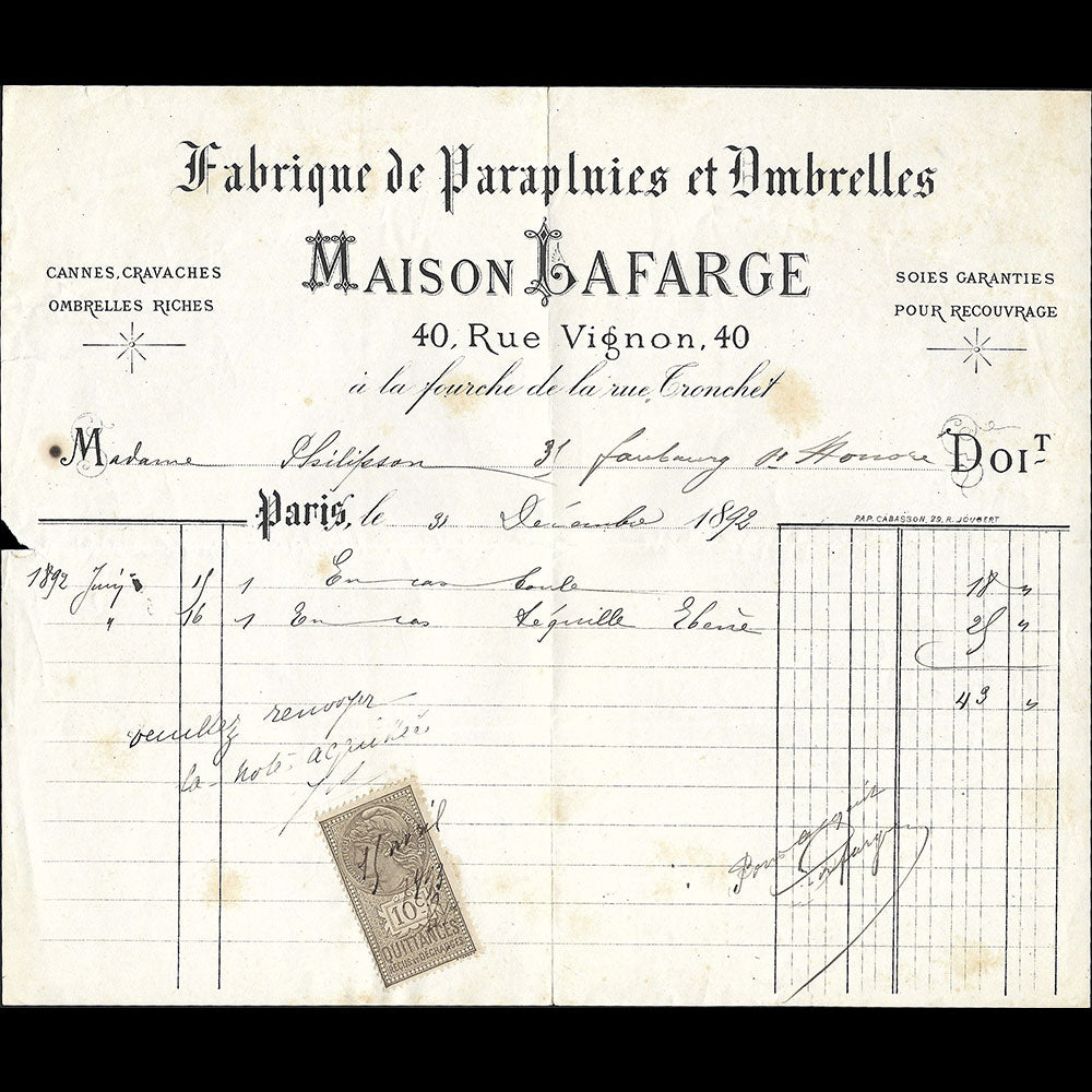 Lafarge - Facture de la fabrique de parapluies et d'ombrelles, 40 rue Vignon à Paris (1892)