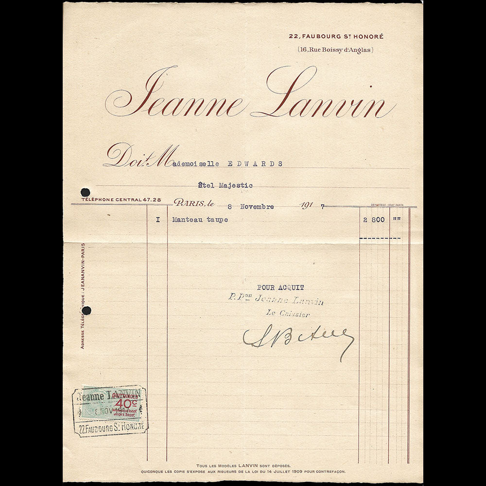 Lanvin - Facture, 22 Faubourg Saint-Honoré, Paris (1917)
