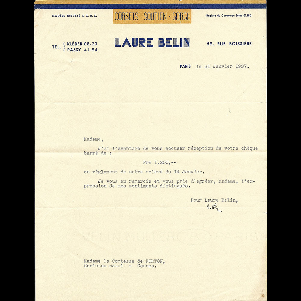 Laure Belin - Facture de la maison de lingerie, 59 rue Boissière à Paris (1937)