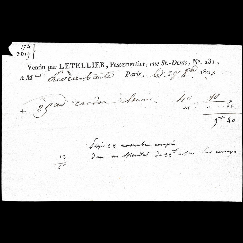 Letellier - Facture du passementier, 231 rue Saint-Denis à Paris (1821)