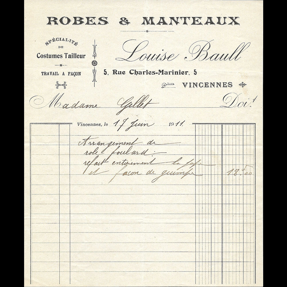 Louise Baull - Facture de la maison de couture, 5 rue Charles Marinier à Vincennes (1911)