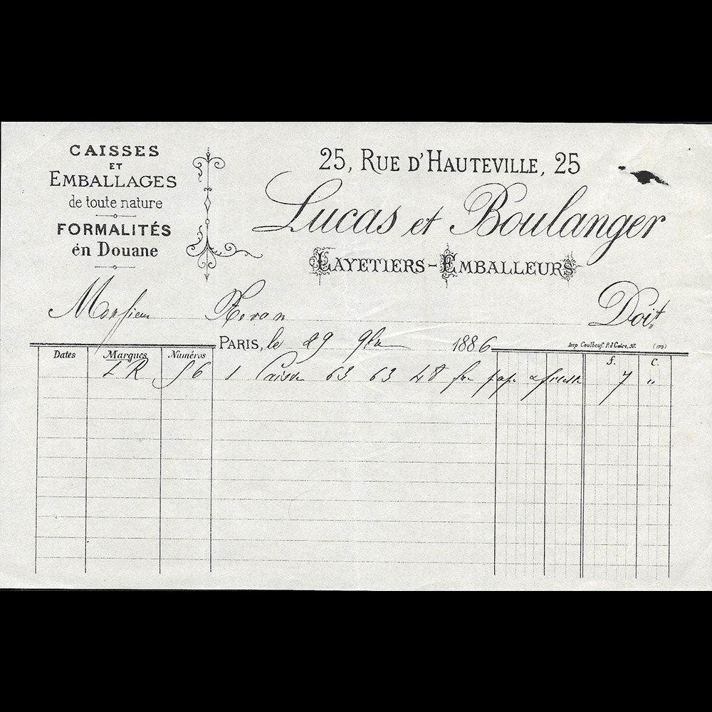 Lucas & Boulanger - Facture des layetiers - emballeurs, 25 rue de Hauteville à Paris (1886)
