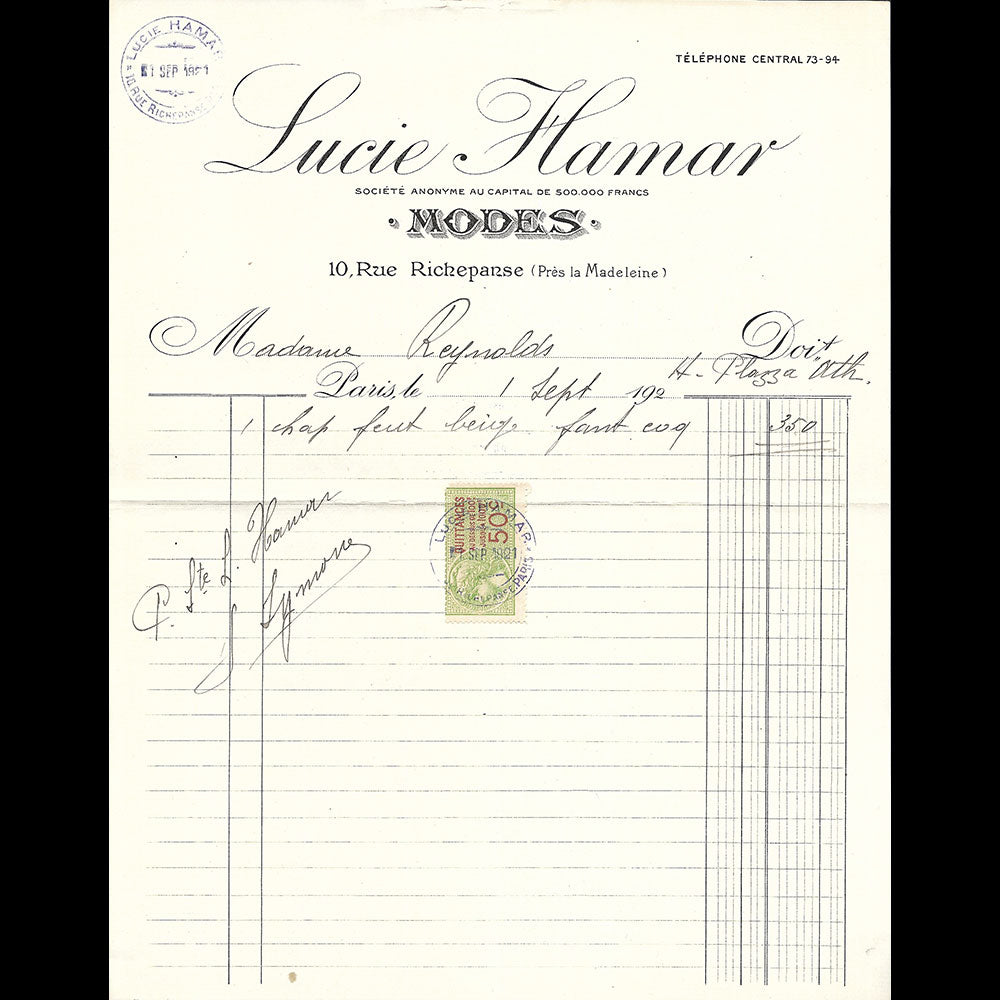 Lucie Hamar - Facture de la maison de chapeaux, 10 rue Richepanse à Paris (1921)