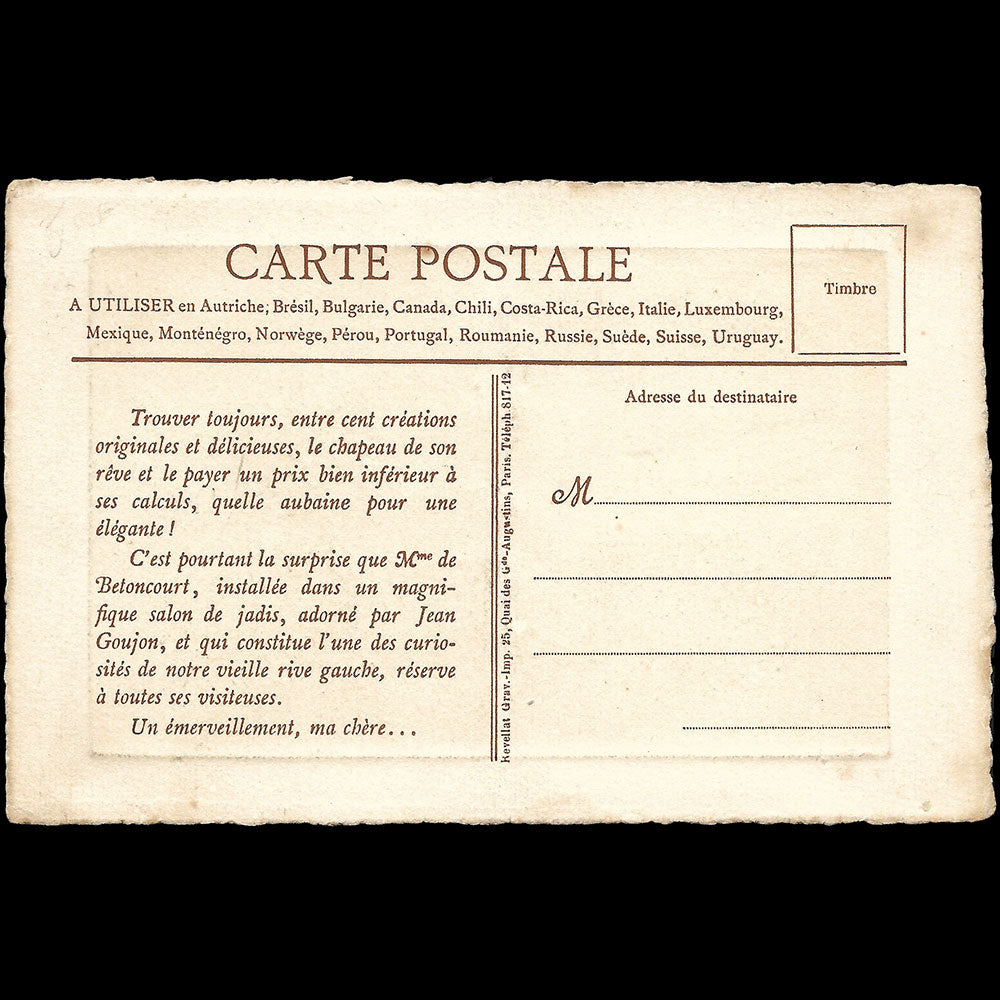 Madame Grégoire de Betoncourt - Carte de la modiste, 1 rue Christine à Paris (1900s)