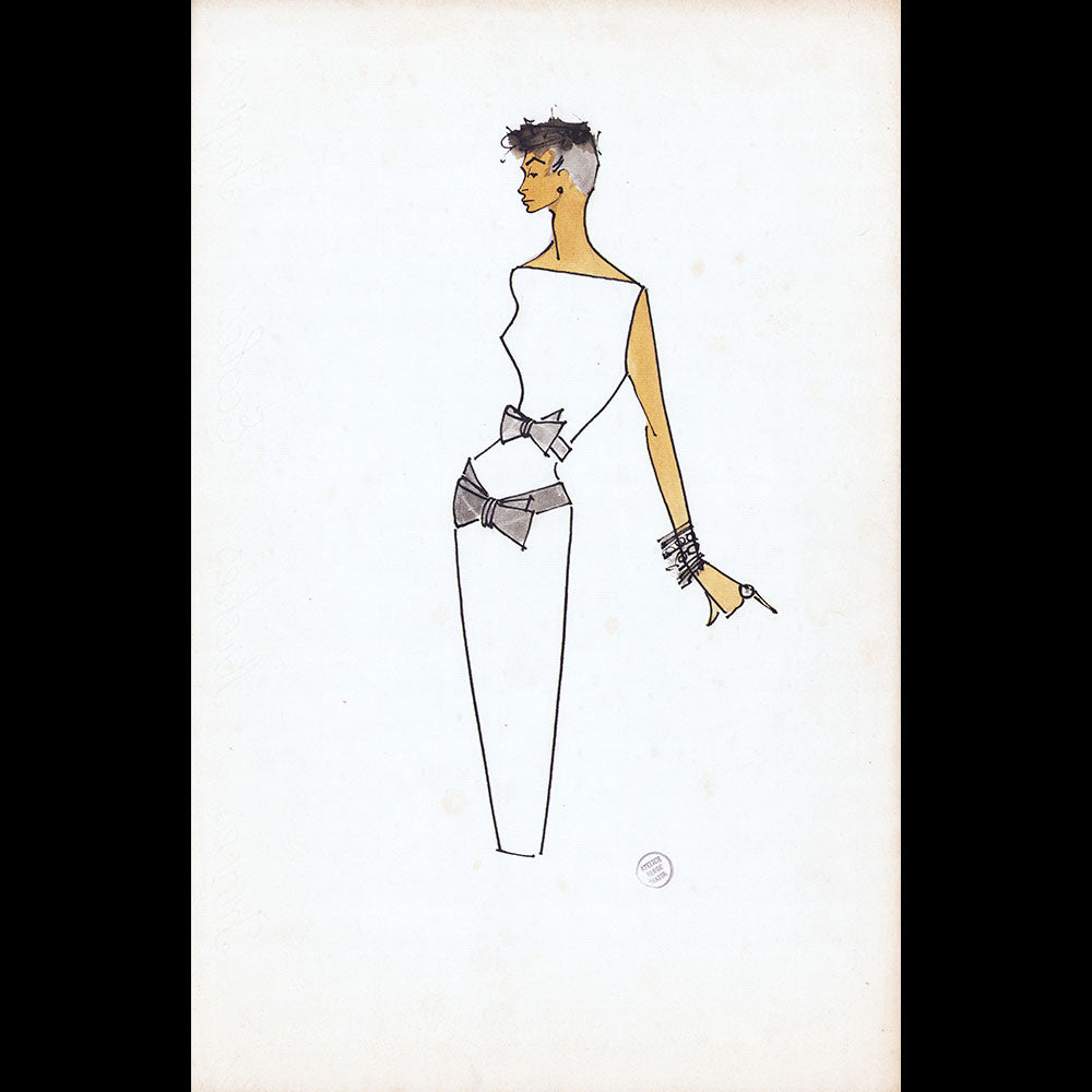 Serge Matta - Dessin de robe du soir pour Schiaparelli ou Fath (1950-1958)