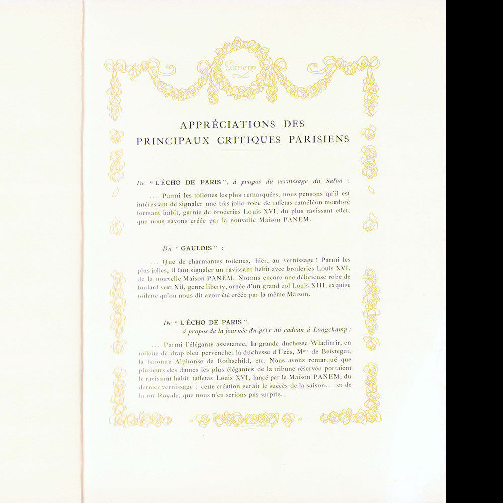 Panem - Livret de la maison de couture 22 rue Royale à Paris (circa 1905)