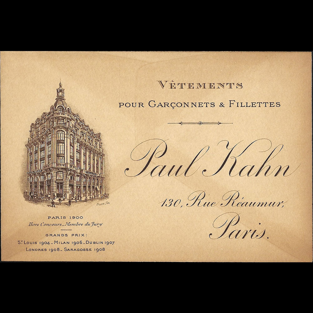 Paul Kahn - Carte de la maison pour vêtements d'enfants, 130 rue Reaumur à Paris (1908)
