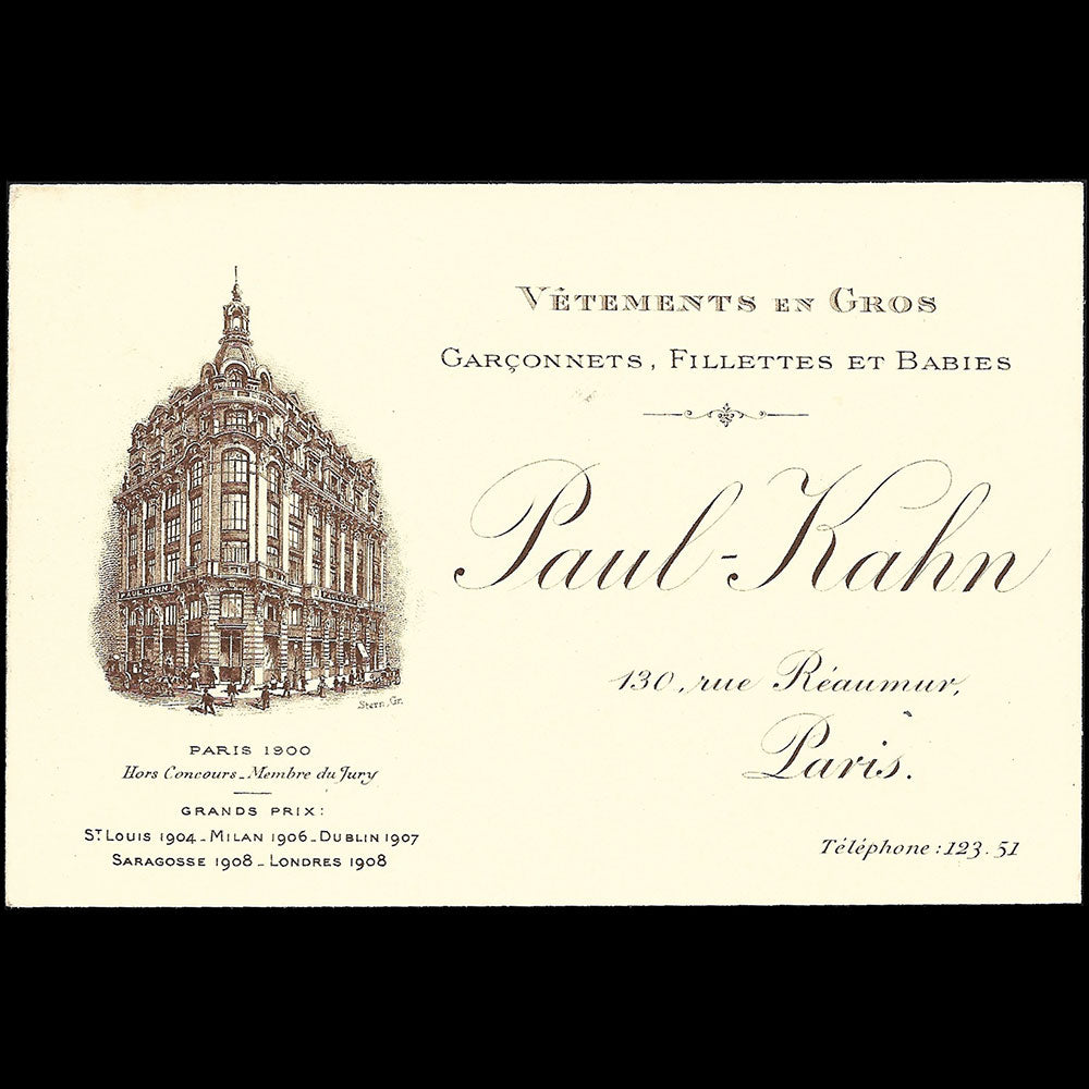 Paul Kahn - Carte de la maison pour vêtements d'enfants, 130 rue Reaumur à Paris (1908)