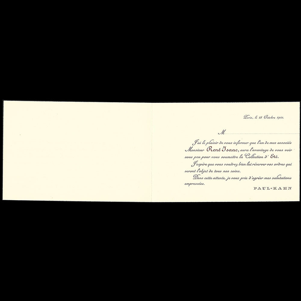 Paul Kahn - Carte de la maison pour vêtements d'enfants, 130 rue Reaumur à Paris (1908)