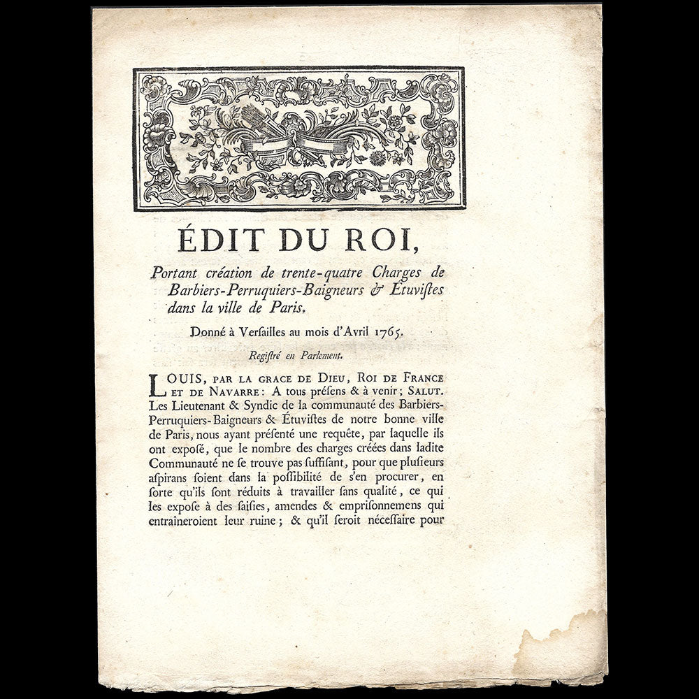 Perruquier - Édit du Roi, portant création de 34 charges de Barbiers-Perruquiers à Paris (1765)