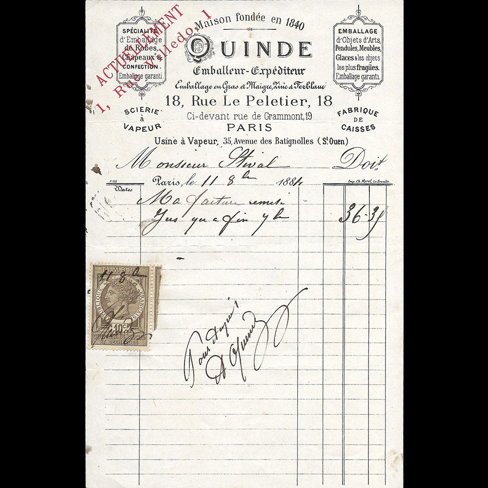 Quinde - Facture de l'emballeur - expéditeur, 18 rue Le Peltier à Paris (1884)